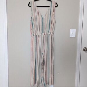 Splendid Summer Striped Linen Blend Cropped Wide Leg Jumpsuit EUC
